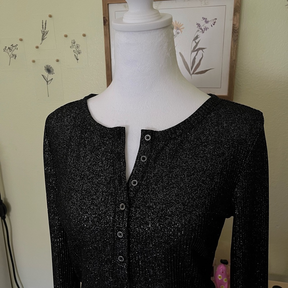 Pilcro Andie Ribbed Spotlight Henley Top Black Metallic Shimmer Going Out S - Picture 4 of 7